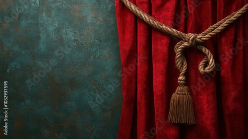 Elegant red curtains with tassels draped against a textured green wall in a c...