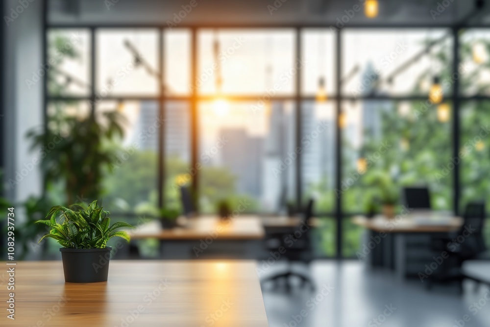 Foreground focus on small potted plant on wooden desk, with blurred modern office space and city skyline at sunset in background Foreground focus on small potted plant on wooden desk, with blurred modern office space and city skyline at sunset in background