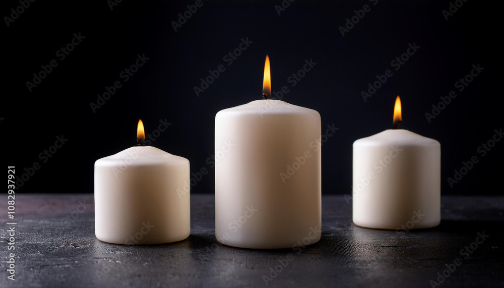 A collection of lit white pillar candles of varying heights arranged against a dark background. A collection of lit white pillar candles of varying heights arranged against a dark background.