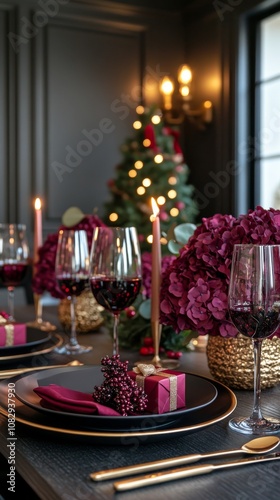 Elegant winter dining setup with purple accents and holiday decorations by a Christmas tree