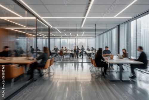 Dynamic modern office space with professionals collaborating and working diligently, showcasing motion blur and a cityscape visible through large windows
