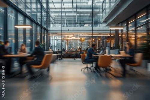 Motion blur effect of businesspeople working on laptops and having meetings in contemporary open plan office with large windows and modern furniture