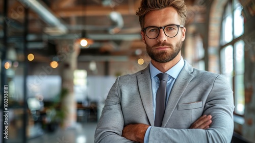 A confident young professional in a modern office setting with crossed arms, showcasing leadership and readiness for business challenges while wearing glasses and a gray suit