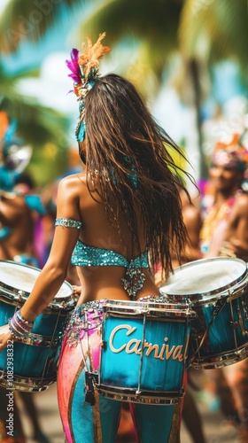 Colorful carnival celebration with a drummer in a vibrant costume during the ...