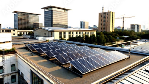 Aerial view of buildings with solar panels on rooftops, showcasing renewable energy.