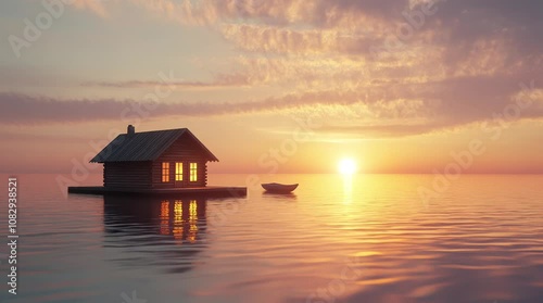 House by calm lake reflecting colorful glowing sky at sunset hour
Seamless looping 4k time-lapse virtual video animation Generated AI