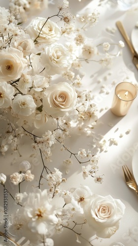 Elegant white floral arrangement on dining table set for a special occasion a...