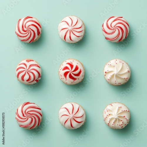 Nine festive peppermint swirl cookies arranged in a grid on a blue background.