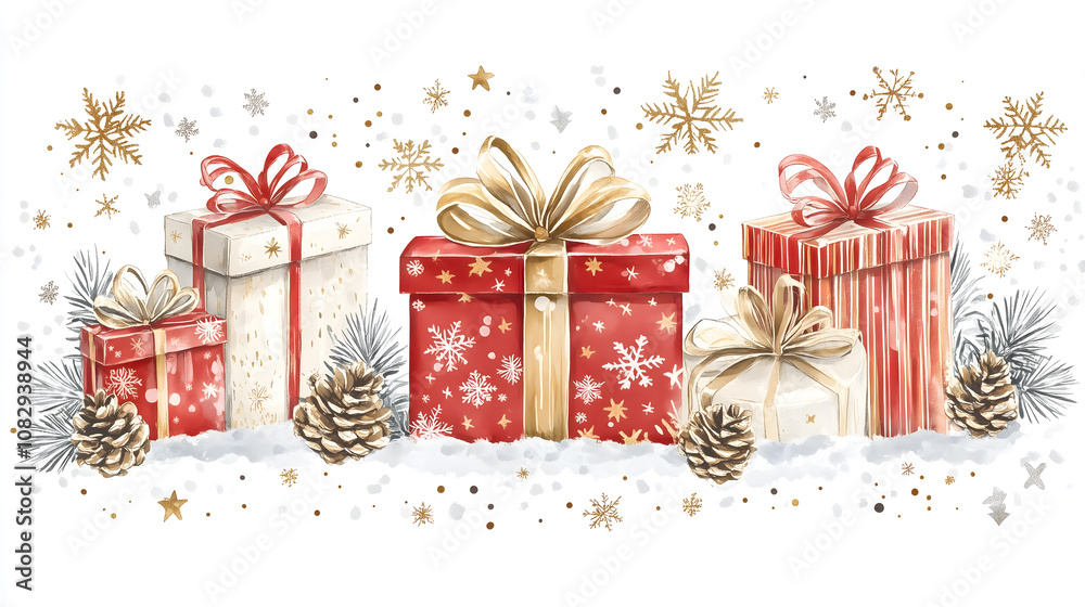 Festive Christmas gifts with bows, surrounded by sparkling snowflakes Festive Christmas gifts with bows, surrounded by sparkling snowflakes