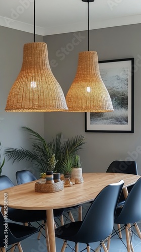 Modern dining area featuring stylish pendant lights and a natural decor in mu...