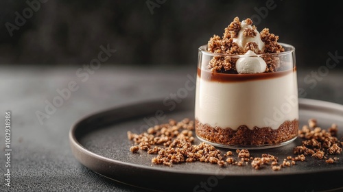Delicious layered dessert with chocolate, yogurt, and granola, served in glas...