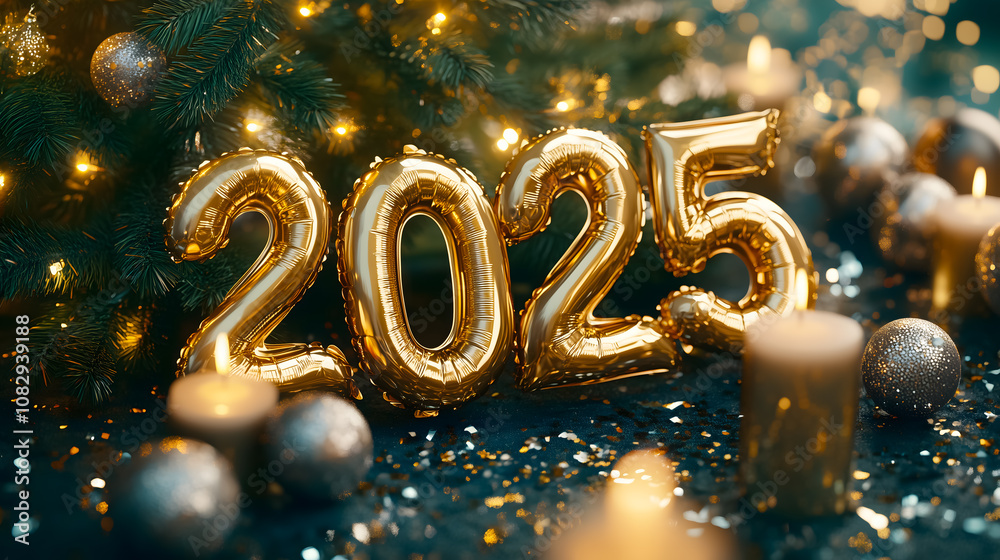Golden 2025 balloons in festive holiday setting with decorations