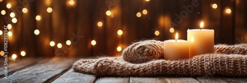 Cozy candles on a knitted blanket with twinkling lights during a calm evening...