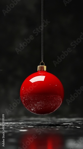 A shiny red Christmas ornament hanging against a dark backdrop during the hol...