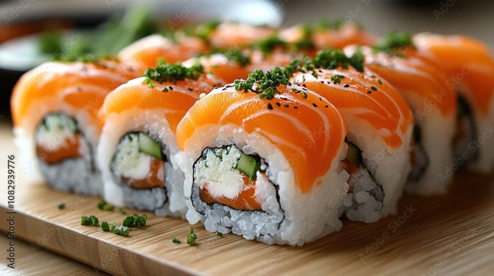 A beautifully arranged platter of fresh salmon sushi rolls garnished with chopped herbs and sesame seeds, showcasing vibrant colors and intricate detail A beautifully arranged platter of fresh salmon sushi rolls garnished with chopped herbs and sesame seeds, showcasing vibrant colors and intricate detail