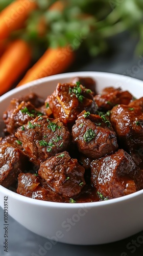 Tender slow cooked beef stew with carrots and herbs served in a white bowl