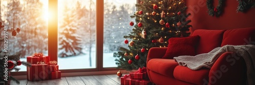 Cozy living room setting with holiday decorations and a warm fireplace glow d...