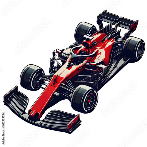 Red formula 1 car vector rendered icon drawing  isometric side view, isolated on a transparent background.