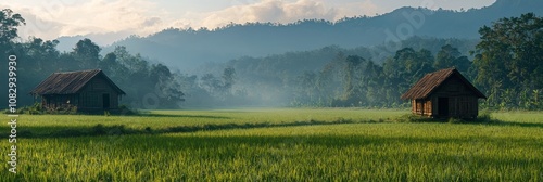 Serene rural landscape with two wooden houses amidst lush green rice fields a...