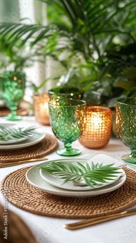 Elegant dining setup with green decor and soft lighting in a tropical ambiance