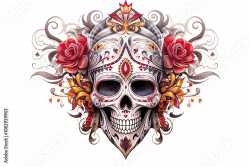 Colors day of the dead tattoo on white background. Día de los muertos. Tattoo. Tattoo ideas. For tattoo artists. Tattoo parlor. Colors ink. Isolated tattoo.	