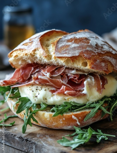 Tasty sandwich with prosciutto, mozzarella, and fresh arugula on grilled ciab...