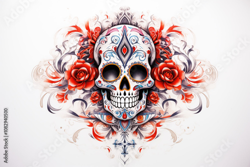 Colors day of the dead tattoo on white background. Día de los muertos. Tattoo. Tattoo ideas. For tattoo artists. Tattoo parlor. Colors ink. Isolated tattoo.	
