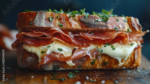 Freshly made sandwich with ham and creamy spread on artisan bread in a dimly ...
