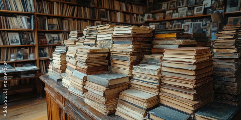 A vast collection of antique books expertly stacked in a cozy library room, featuring countless classic literary works on wooden bookshelves A vast collection of antique books expertly stacked in a cozy library room, featuring countless classic literary works on wooden bookshelves