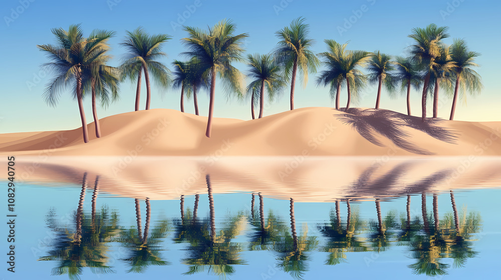 Fototapeta premium Reflective water with palm trees and sand dunes, creating a mirage effect. Mirage. Illustration