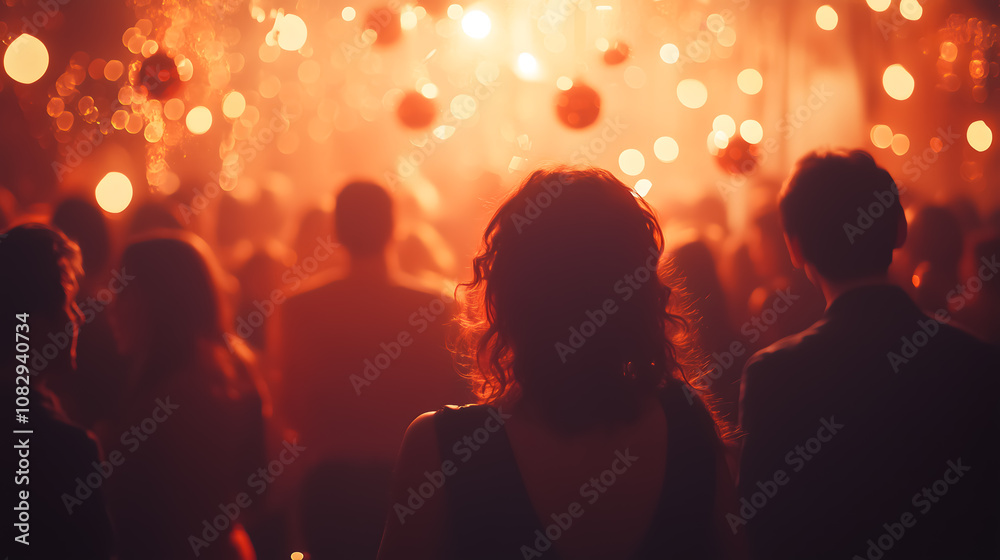 People in silhouettes with bright festive lights and decorations People in silhouettes with bright festive lights and decorations