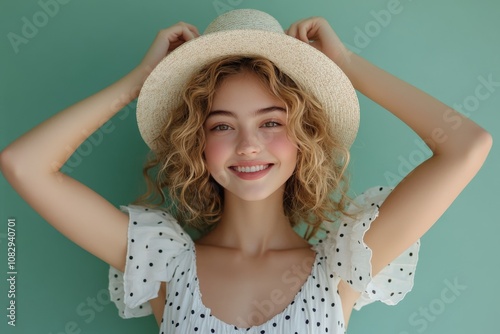 Young woman with curly hair and a black hat smiles brightly against a teal ba...