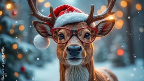 close up of cute reindeer wearing Santa hat glasses, blurred winter wonderland in background, festive holiday banner with bokeh lights. Christmas, party invitation, holiday marketing and promotions. photo