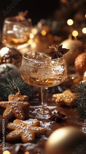 Festive cocktail with ice and star anise surrounding holiday decorations in c...