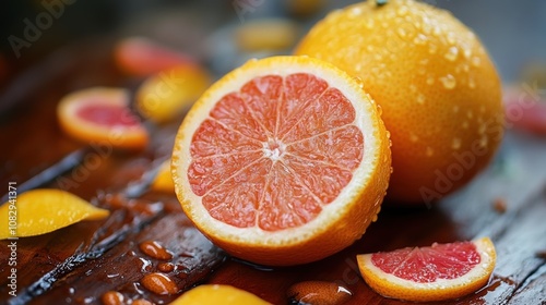 The vibrant orange and juicy pulp of the grapefruit are beautifully showcased alongside sliced pieces, capturing the freshness and zest of citrus fruits