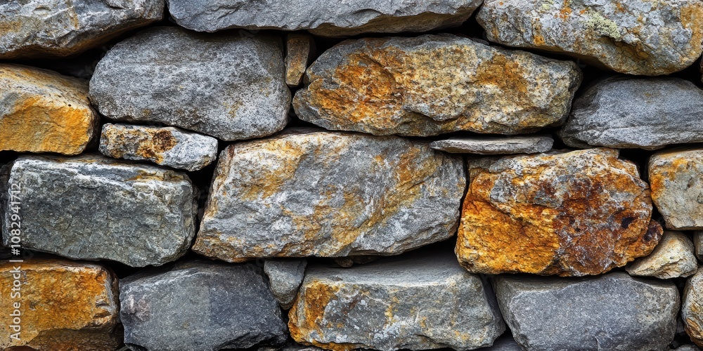 A close-up view of a textured stone wall showcasing various shapes and sizes with a rich combination of gray, orange, and brown hues A close-up view of a textured stone wall showcasing various shapes and sizes with a rich combination of gray, orange, and brown hues