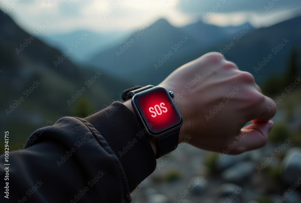SOS on Smartwatch. Close-up of a smartwatch displaying an SOS signal on a person's wrist, likely in a mountain or wilderness setting, indicating a need for help or rescue.