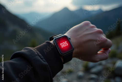 Obraz na płótnie SOS on Smartwatch. Close-up of a smartwatch displaying an SOS signal on a person's wrist, likely in a mountain or wilderness setting, indicating a need for help or rescue. w salonie