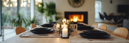 Elegant dining setup with candles and black tableware during sunset indoors