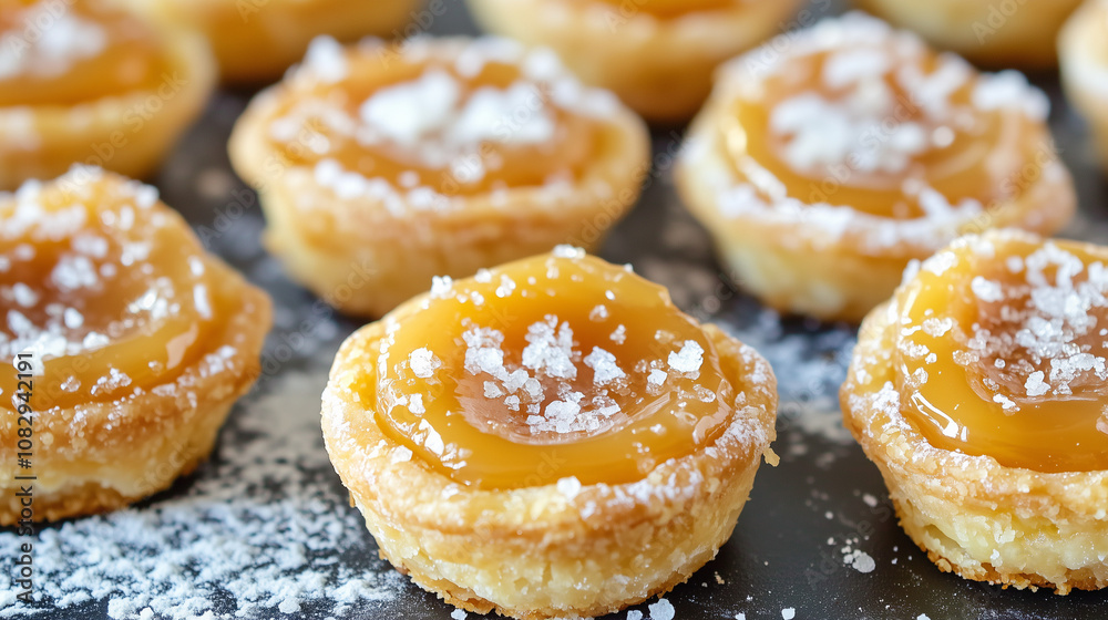 Delicious Salted Caramel Mini Tarts on Rustic Background