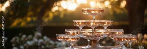 A beautiful champagne tower shimmering in the sunset light at an outdoor cele...