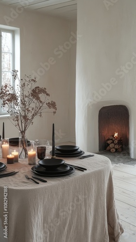 Elegant dining setup with black tableware and candles near a cozy fireplace i...
