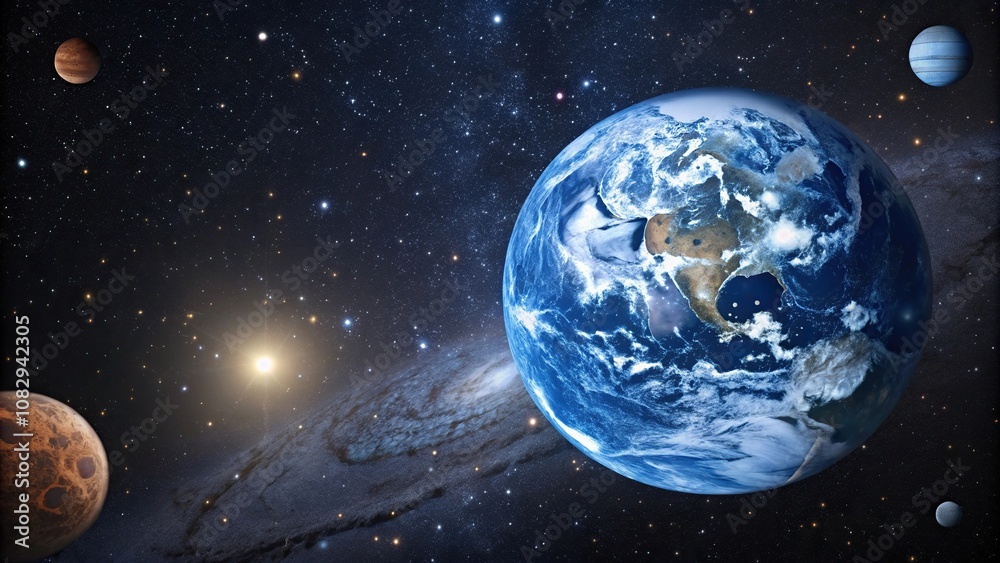 Obraz premium An imaginative illustration of the Earth as a glowing blue marble surrounded by stars and planets, star, planet, digital, blue marble, graphic