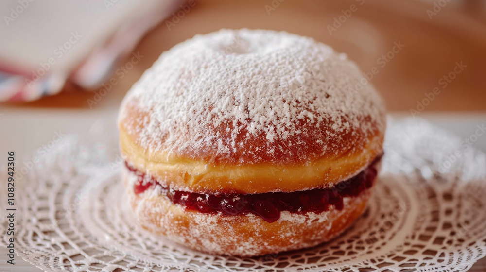 A donut with powdered sugar and a blueberry filling sits on a white napkin. The napkin is placed on a wooden table A donut with powdered sugar and a blueberry filling sits on a white napkin. The napkin is placed on a wooden table