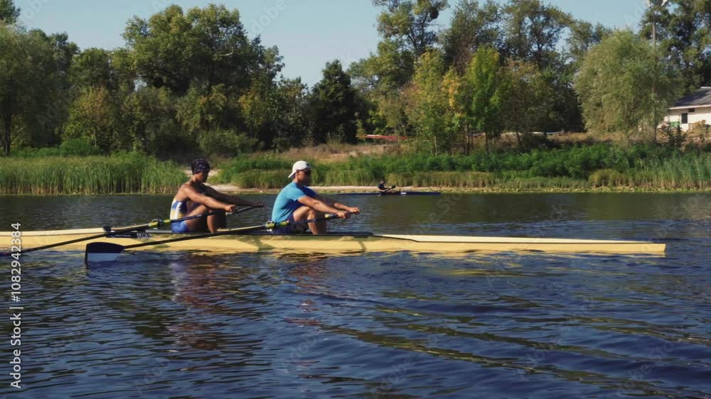 Rowing team training. Side view of 2 young caucasian male rowers, during a rowing practice, athlete sitting in a boat in the river Dnipro, rows through a calm water sunny day, autumn. 4k footage Rowing team training. Side view of 2 young caucasian male rowers, during a rowing practice, athlete sitting in a boat in the river Dnipro, rows through a calm water sunny day, autumn. 4k footage
