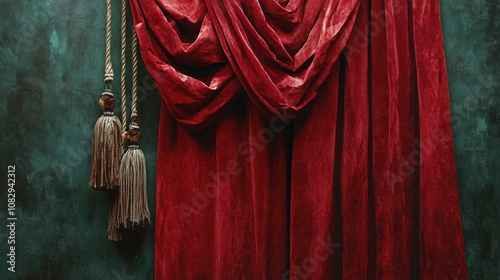 Elegant red curtains with tassels draped against a textured green wall in a c...
