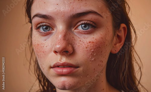 Woman with blue eyes and red spots on her face