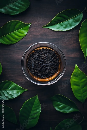 black tea in glass cup with dry leaves on dark wooden background, top view, Ceylon black ginger, invigorating tonic morning drink, international world tea day wallpaper, traditional tea making photo