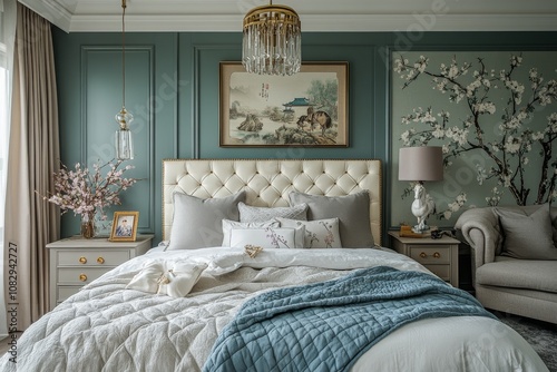 Elegant modern bedroom design with decorative wall art and luxurious furnishi...