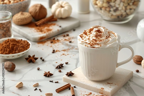 A cozy kitchen countertop features a warm beverage topped with whipped cream and cinnamon